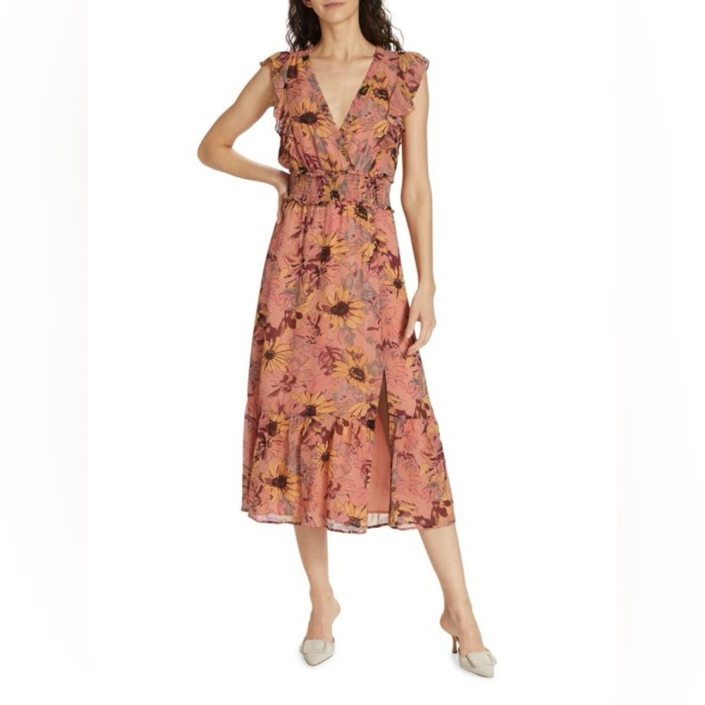 PAIGE Katharina Floral Silk Midi Dress Size Large Ruffle Feminine - Picture 2 of 16
